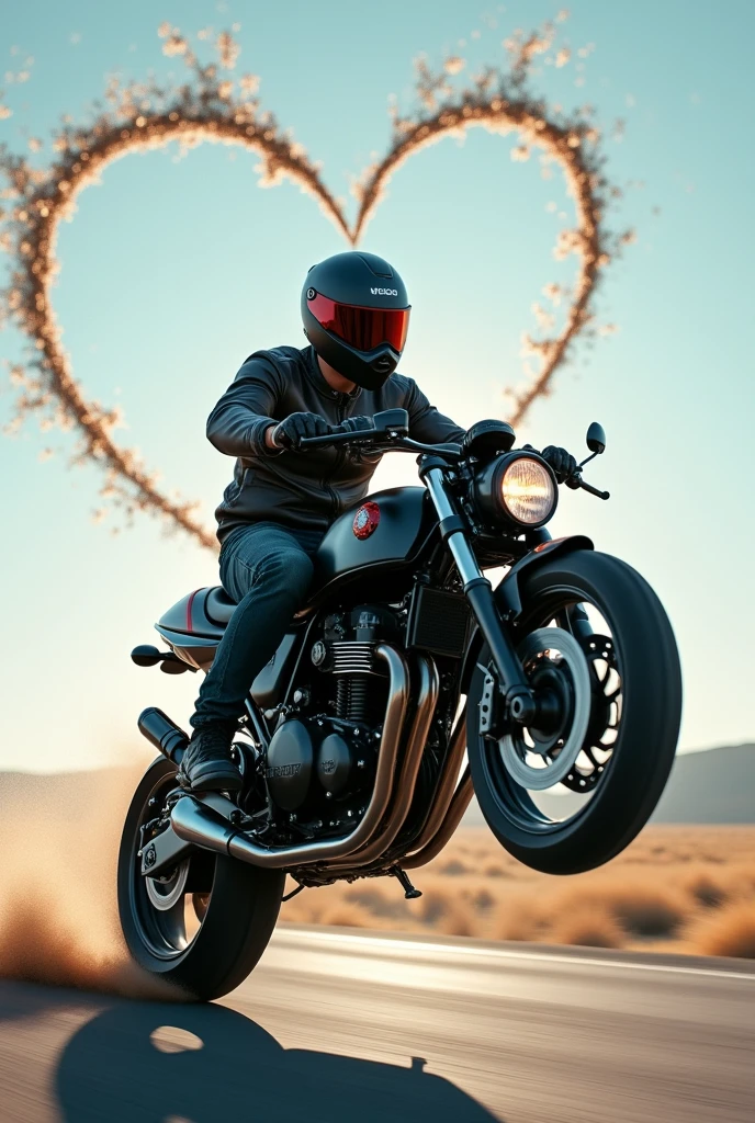 a man doing wheely on a motorcycle stunt making heart