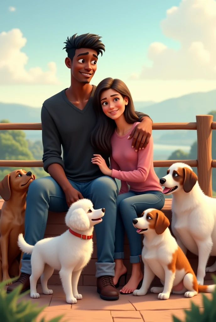 an animated image showing a tall young man, delgado, strong, moreno, black hair, dressed in jeans and a long-sleeved black shirt, to a young woman, long brown hair, short stature, slim, White skin, dressed in jeans and a pink shirt,sitting on a viewing platform accompanied by a white French poodle, small size, a medium-sized long-haired Maltese dog and a large-sized white female dog with brown spots on her back and brown ears