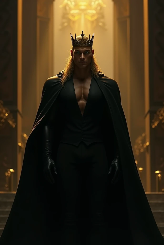 A distant image, at night, an extremely handsome man, golden hair, very handsome, Big and muscular, green eyes, dressed in black all covered with the cape, with black gloves on his hands, with a black cape, a gold crown, at night, in the background a golden room with black, very dimly lit