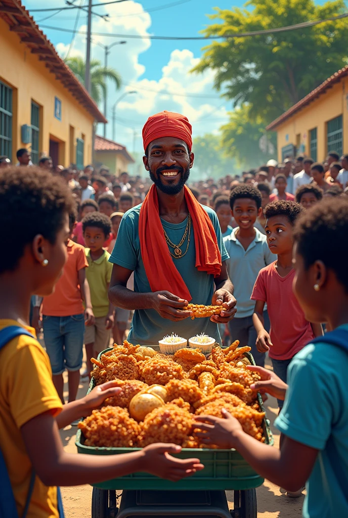 A griot vendor stands outside a school exit in Haiti. Students rush to buy. They are happy. Cadre typiquement haïtienne coloré,