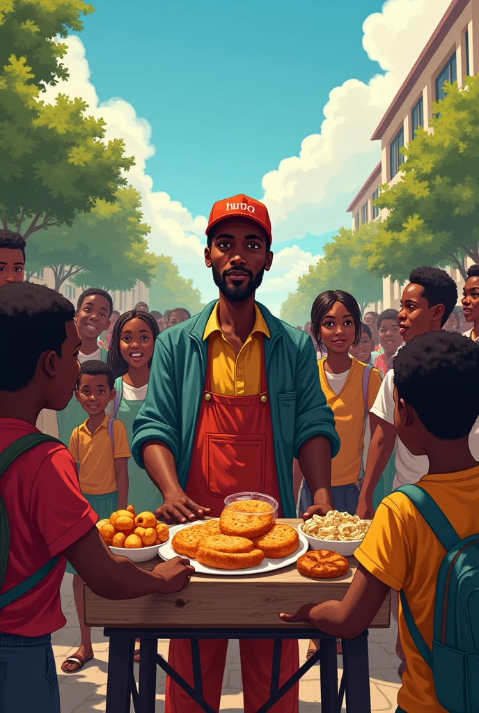 A griot vendor stands outside a school exit in Haiti. Students rush to buy. They are happy. Cadre typiquement haïtienne coloré,