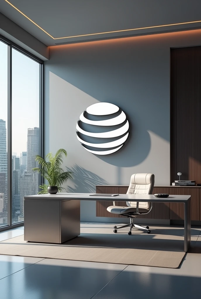 Create a video conference wallpaper image that shows a modern office, elegante y minimalista y que se vea el logo de la empresa  At&t 
