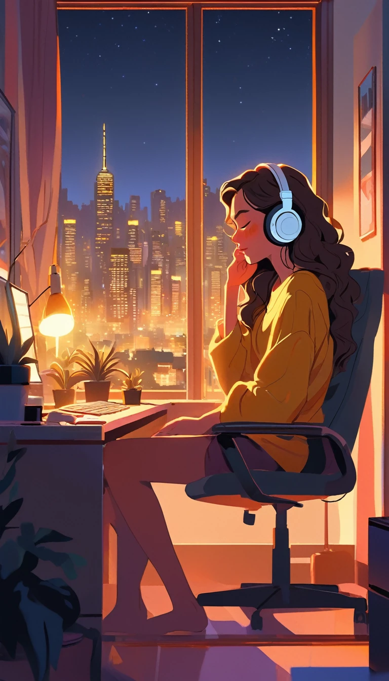 A young woman is sitting comfortably in a modern, cozy room with a cityscape visible through a large window at night. The main object of focus is the woman, who appears to be in her late s or early twenties. She has long, wavy brown hair and is wearing a pair of large over-ear headphones. Her eyes are closed, and she has a serene, relaxed expression on her face as she listens to music. The woman is seated in a plush armchair, which is positioned to the right of a wooden desk. On the desk, there is a modern desktop computer, a ceramic coffee mug, and a small potted plant. A desk lamp with a warm, yellow glow is placed on the left side of the desk, casting a soft light over the scene. The light from the lamp is the primary light source, illuminating the woman and creating gentle shadows around her. In the background, the large window offers a stunning view of the city at night, with numerous skyscrapers and their illuminated windows creating a vibrant, urban atmosphere. The room itself is painted in neutral tones, with the walls adorned with minimalistic decor. The overall color scheme of the image features warm tones from the lamp and the cooler tones of the night cityscape, creating a balanced and visually appealing contrast. The perspective of the image is from a slight angle, allowing for a clear view of the woman, the desk, and the background cityscape. The size of the image is rectangular, with a wide aspect ratio that captures the breadth of the scene. The theme of the image is calm and relaxation, with an emphasis on the soothing environment and the woman's peaceful state.