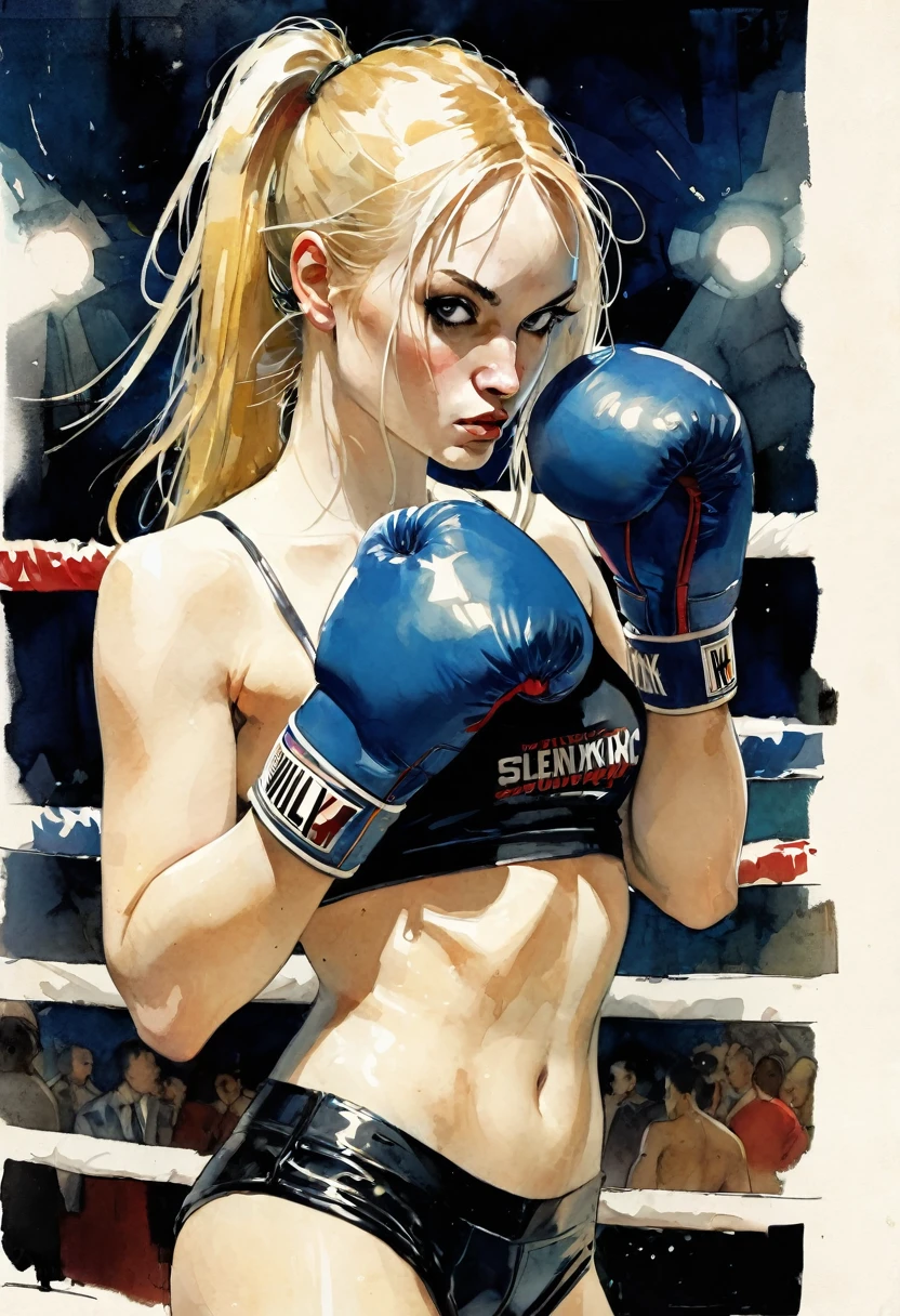 sexy girl, long blonde hair, thin, small breasts, boxer, ready in the ring, boxing gloves, plaster on nose, sexy, art inspired by Bill Sienkiewicz and Dave McKean
