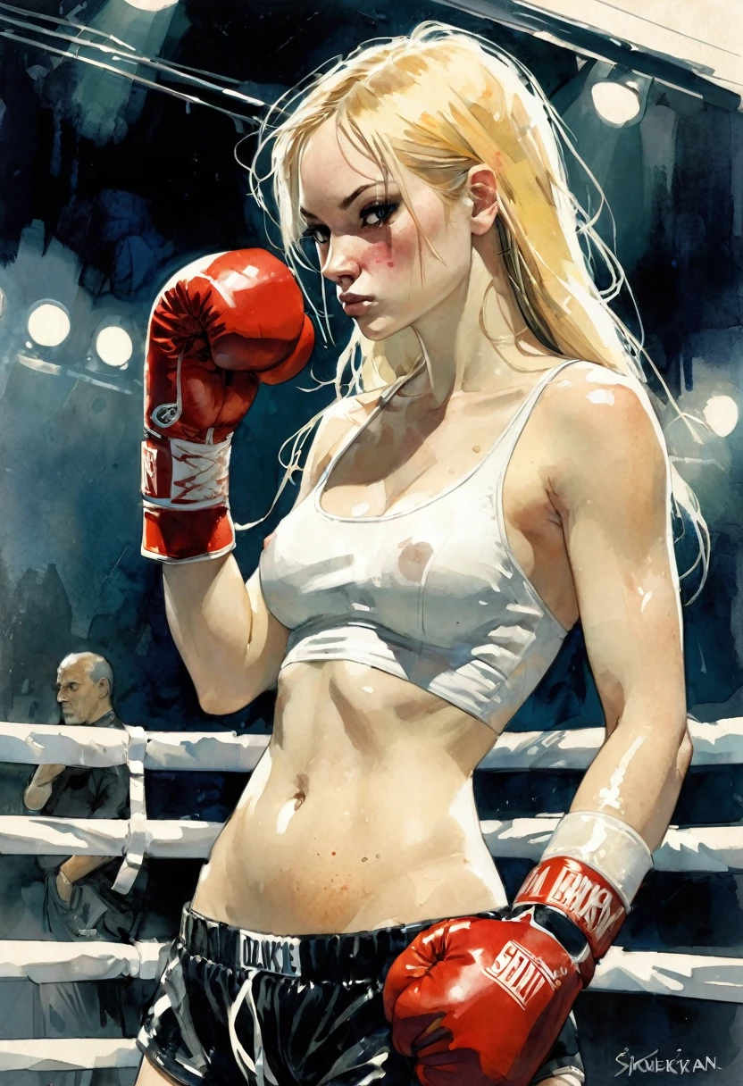 sexy girl, long blonde hair, thin, small breasts, boxer, ready in the ring, boxing gloves, plaster on nose, sexy, art inspired by Bill Sienkiewicz and Dave McKean