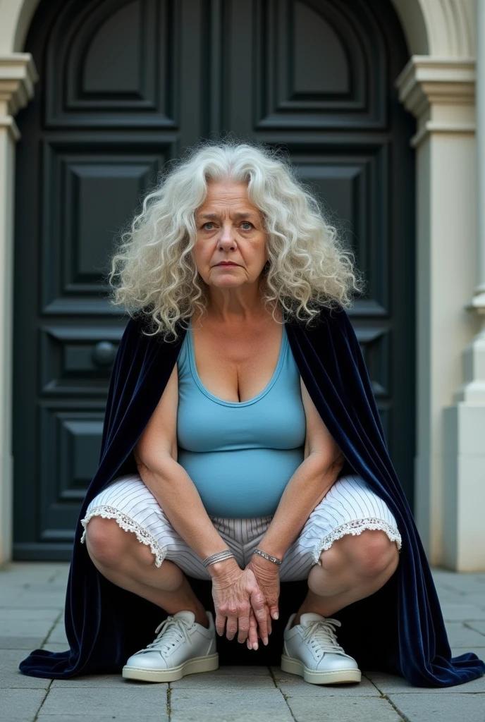 High fashion photography of an overweight old woman as a ((terminal deceiver)) with ((capelli with onde da sirena)) who wears a (velvet cloak), vestita with canottiera blu, textured fabric, laces on the front, white shorts, striped pattern, white sneakers, black door, white wall, outdoor lighting, architectural details, crouched, looking at the camera, hands on knees, first floor, eye level shot, frontal perspective, in a hover car chase through the cityscape, Square color palette,(neutral colors:1.2),until,(HdR:1.5),(soft colors:1.1),(pastel:0.2),hyper-detailed,intricato e a basso withtrasto dettagliato,Tavolozza di neutral colors,Cool color palette,(from below:1.3),scattato with Leica SL2 with Leica APO-Summicron-SL 50mm f-2 ASPH,photo by Flora Borsi