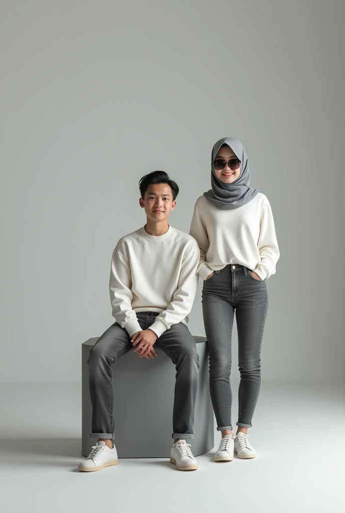 (photorealism) Indonesian couple wearing white sweaters ,The short and slender ,skinny man sits in a gray box wearing gray jeans. ,casual shoes ,haircut (short slicked back) ,the thin woman standing next to him wearing a grey hijab and grey jeans with sunglasses ,Silver photo studio background