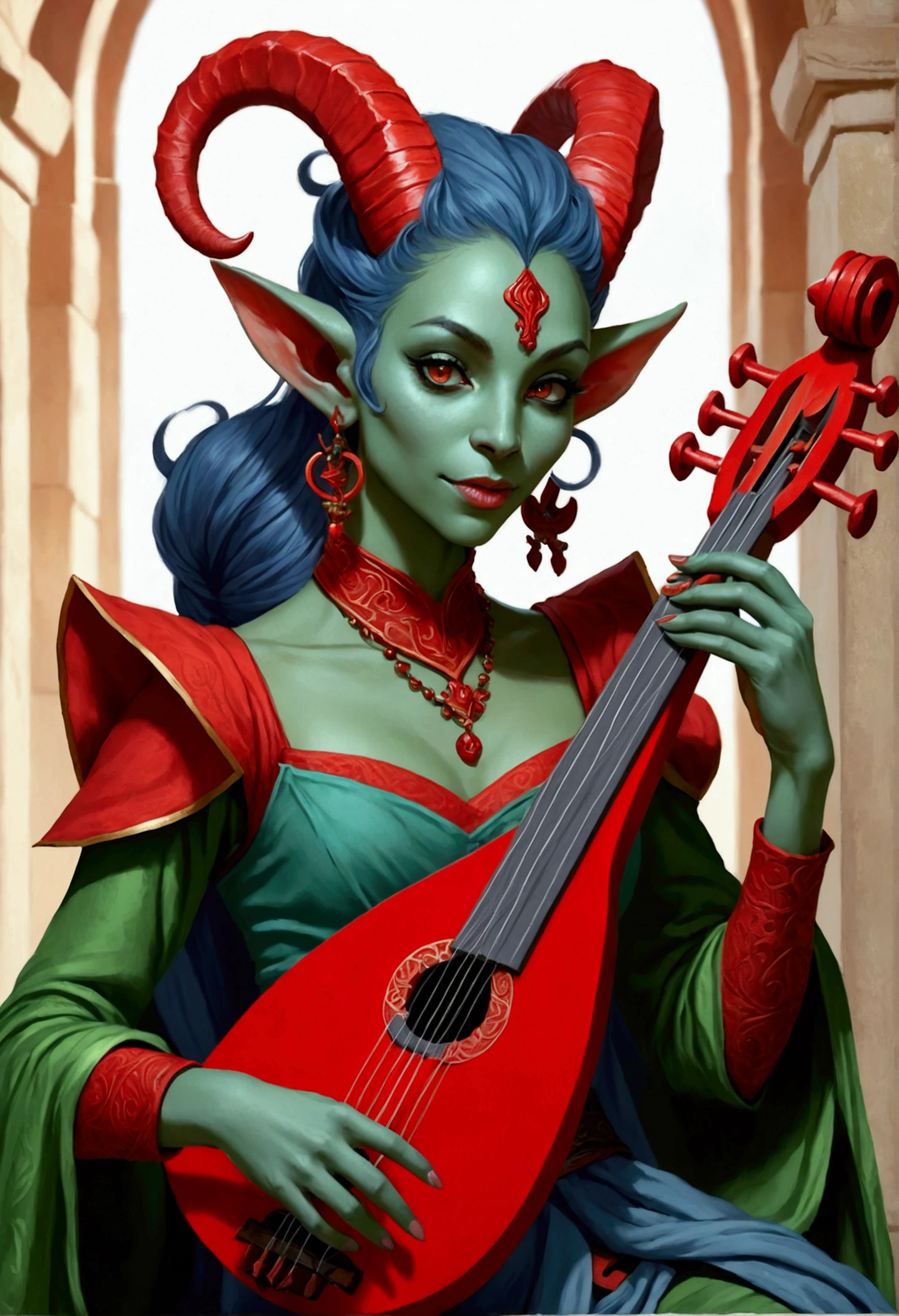 tiefling bardo, playing a lyre, green clothes with red, ash blue skin, cheerful woman
