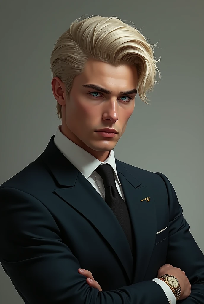	• Facial features: His face is sharp, with marked cheekbones and a well-defined jaw. His skin is clear, with a slightly pale hue that reflects its origins in the colder regions of Russia.
	• Hair: She has ash blonde hair, short and always perfectly combed to one side. His style is simple but with a modern touch., reflecting both his youth and his meticulous attention to detail.
	• Eyes: His eyes are an intense blue, almost freezing, and his gaze is direct, loaded with a coldness that intimidates. Despite his youth, There is a hardness in his eyes that betrays his experience in dangerous situations..
	• Body: He is tall and has an athletic build., with defined muscles without being too bulky. His body is strong and agile, clearly the result of constant training.
	• Height: Measures about 1.90 meters, which gives it an imposing presence .

outfit:

	• Lasts: He prefers dark suits, usually in black or navy blue tones. Their suits are tight, with a modern and youthful cut that contrasts with his intimidating aura.
	• Accessories: Bring few accessories, but he always wears an expensive watch, like an Audemars Piguet or a Patek Philippe, that although discreet, reflects its power and success. He sometimes wears a signet ring on his little finger., a symbol of their status within the Bratva.
	• Shoes: His shoes are black leather, modern and minimalist style. They are designer shoes, but selected more for their durability than for their brand.