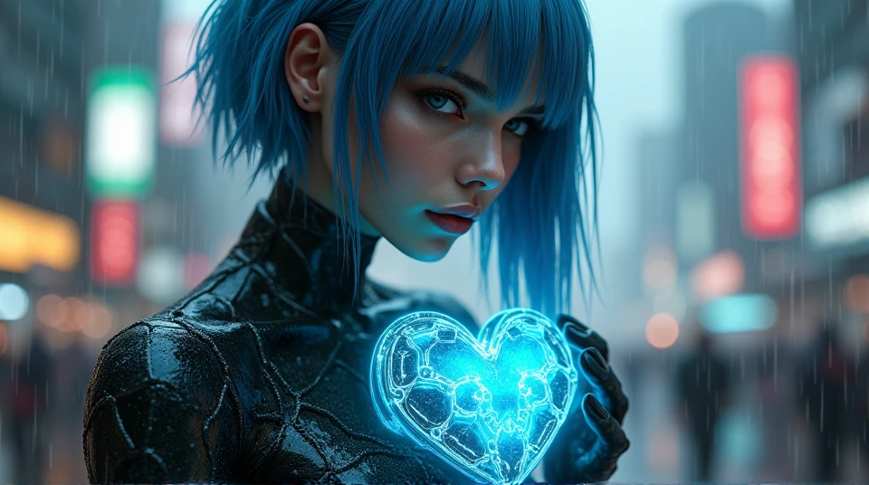 Beautiful gorgeous cyberpunk cyborg woman showing her glowing heart, photo 50 mm, cyberpunk background, blue partially shaved hair, hair bangs, heavy rain in a crowded city