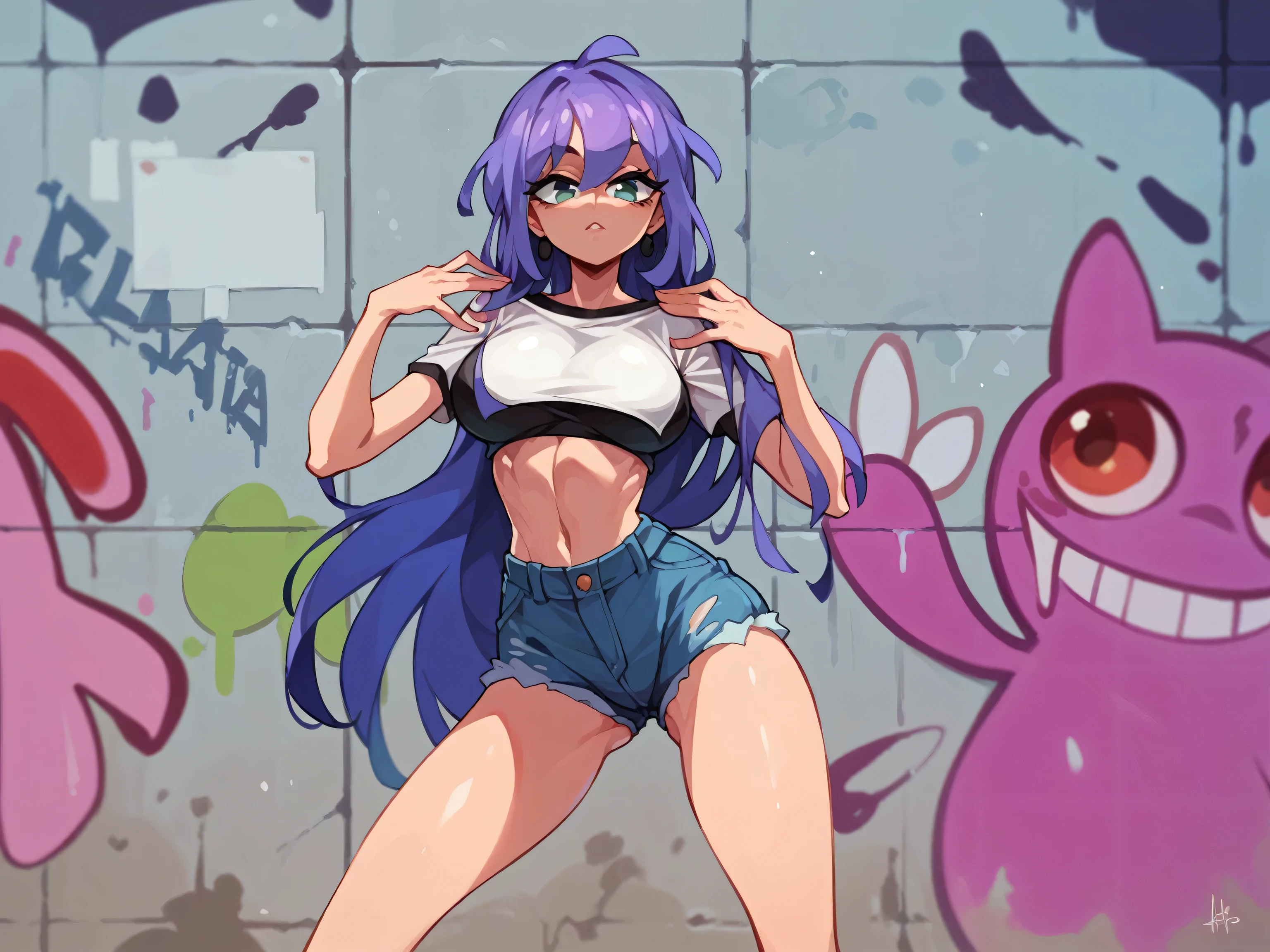 Masterpiece , Excellent quality , high resolution , 1 woman , Long Lilac Hair , White crop top , Jean Shorts , abdomen , big breasts , Long legs , hands on hips ,  Graffiti wall