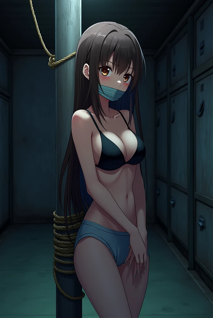 sekijou sawako, shibari, brown eyes, bondage, bound, brown hair, long hair, stripped, best quality, ultra-detailed, high resolution, extremely detailed cg, unity 8k wallpaper, masterpiece, perfect body, anime picture, femsub, BDSM, light blue panty, black bra, small breasts, at night, teary-eyed, standing, tied up in a pole, dark room, gagged, over the mouth gag, duct tape, Sekijou Sawako, gym storeroom, tied up wrist behind her back in a pole, tied up ankle, bracing,