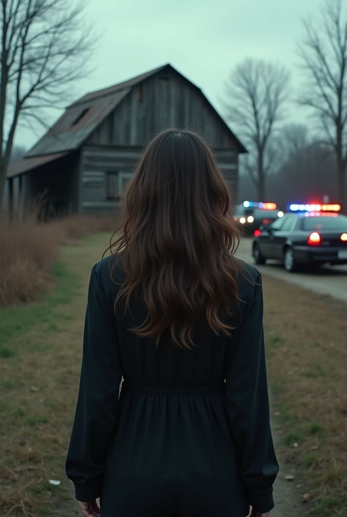 In the background, an abandoned barn and police vehicles. Back of a woman with brown, slightly wavy hair.