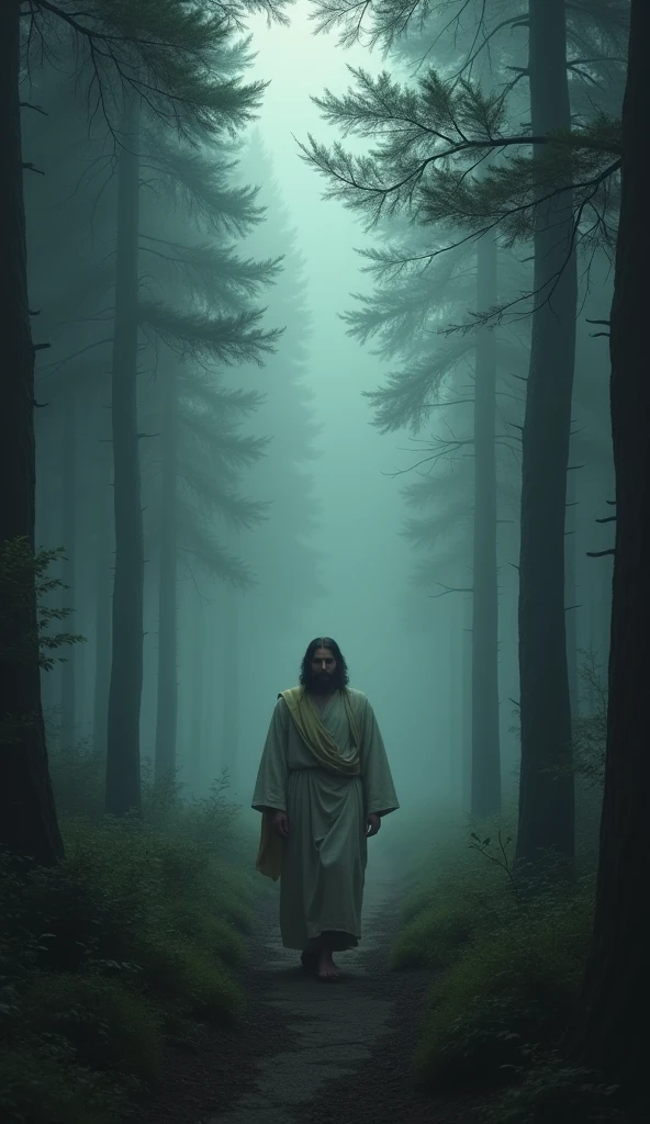 Create a poignant image of Jesus wandering alone through a dense, misty forest. Depict Jesus walking along a narrow path with a contemplative and weary expression. The forest should be shrouded in fog or mist, with tall, dark trees creating a sense of enclosure and uncertainty. Soft, diffused light filtering through the trees can subtly highlight Jesus' figure, suggesting both His presence and the spiritual search in the midst of obscurity. The overall mood should evoke a deep sense of searching, solitude, and spiritual quest.
