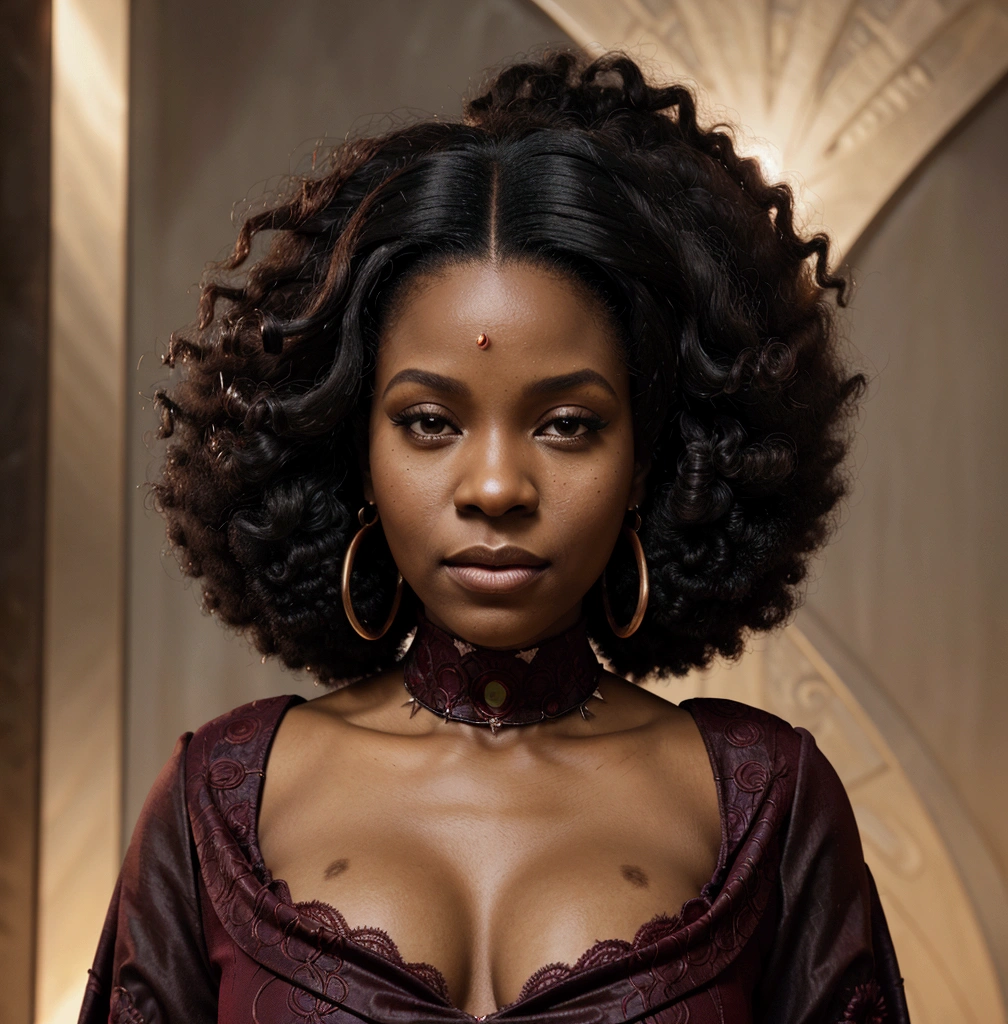 a close up of a woman with a large afro wearing a red dress, detailed character portrait, portrait of ororo munroe, dnd character art portrait, d & d character portrait, portrait of a dnd character, portrait of destiny from sandman, dnd character portrait, fantasy characture portrait, charlie bowater character art, character art portrait, afro hair, black power hair