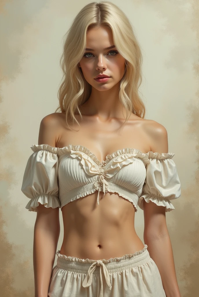 A WHITE Women standing gracefully wearing Puff Sleeve Crinkle Crop Top with low hip harem pants for a picture, a renaissance painting, blonde hair, pink lips beautiful character painting, Her expression is serene and slightly parted lips, with her eyes looking directly at the viewer. fantasy portrait art, realistic fantasy painting, fantasy woman, fully clothed. painting of sexy, medieval fantasy art, beige cloudy foggy background.