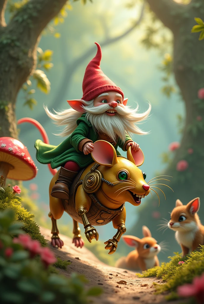 A whimsical gnome, adorned with a pointed red hat and intricately detailed green garb, perched atop a sleek, golden mechanical mouse. The gnome's expression is one of delighted surprise as he clutches the mouse's reins, which are made of gossamer threads woven with tiny, gleaming bells that tinkle in the unseen breeze. His wooden shoes are fastened to stirrups attached to the mouse's side, allowing for a secure yet comfortable ride. The mouse itself is a marvel of miniature engineering, with gleaming metal parts and a polished wooden exterior. Its eyes are twin emeralds that sparkle with intelligence, and it seems to grin mischievously, as if it's enjoying the adventure as much as its rider. The gnome's beard is blown back dramatically by the momentum of their movement, revealing a row of shiny gold teeth. They race through a vibrant, enchanted forest, the foliage a riot of colors that shimmer in the soft, dappled light filtering through the canopy. The forest floor is littered with oversized mushrooms and twisting vines that seem to cheer them on as they pass. In the background, a group of curious woodland creatures—a rabbit, a squirrel, and a fox—watch the peculiar duo with wide eyes and a mix of wonder and amusement. The image captures the essence of a magical journey filled with friendship and excitement, inviting the viewer to imagine the untold stories of this peculiar gnome and his trusty mechanical steed.