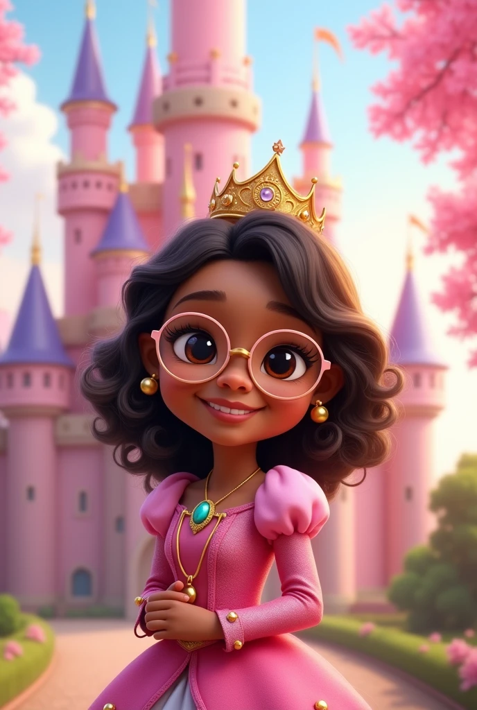 Little princess, , wears glasses and a crown, eyes browns, brown skin, smiling, shoulder length hair, curly and dark brown, in the background landscape pink castle, full body image, 

