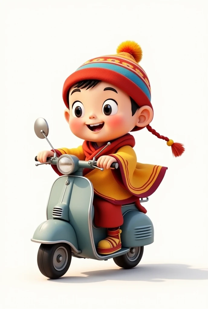 A cartoon boy riding a grey scooter in Tibetan modern dress in while background 