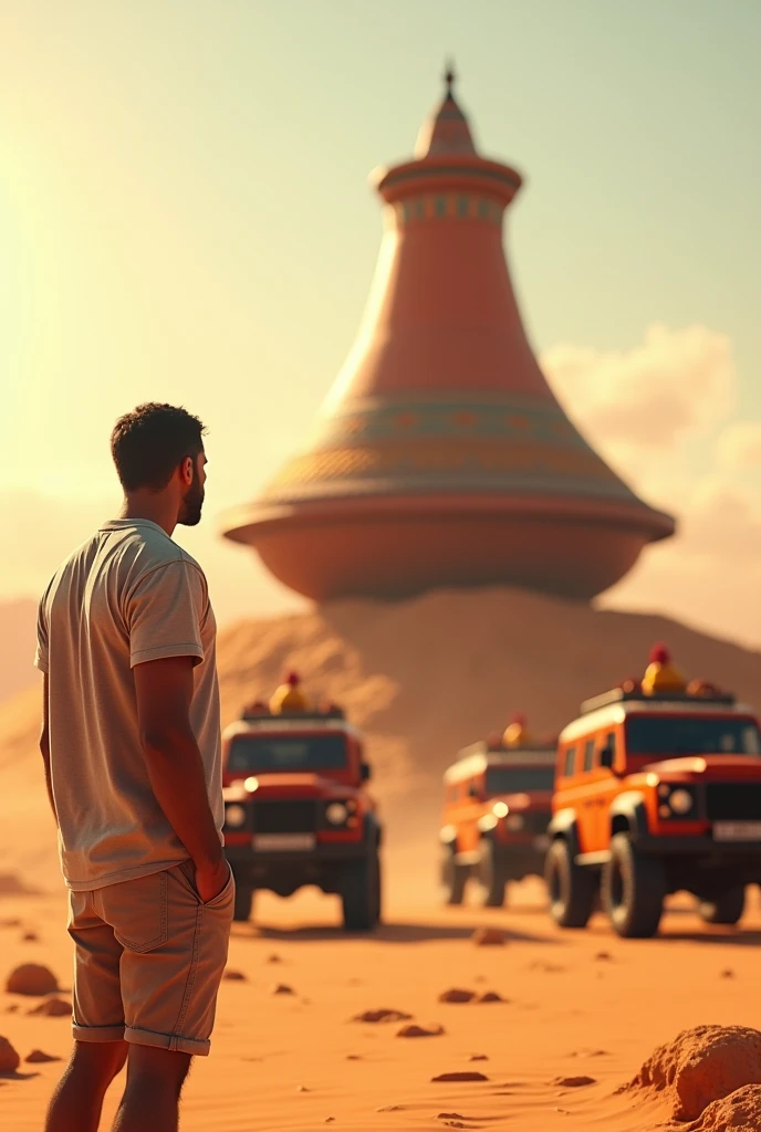 Man wearing summer shirt and summer shorts looks from a distance at a convoy of four-wheel drive vehicles pulling a very large tagine and delicious Moroccan dishes. Realistic and realistic.
