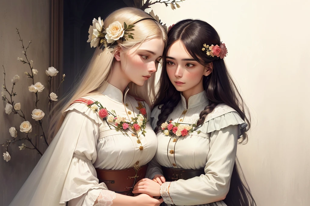 there is a women holding a branch of flowers next to a women, women holding another women, comforting, carrying flowers, flowers around, on a dark background, by Niko Henrichon, beautiful surroundings, Lieutenant Kazimierz Wojniakowski, women, Lt. Adam Marczyński, holding flowers, by Joze Ciuha, Celebrating, branch