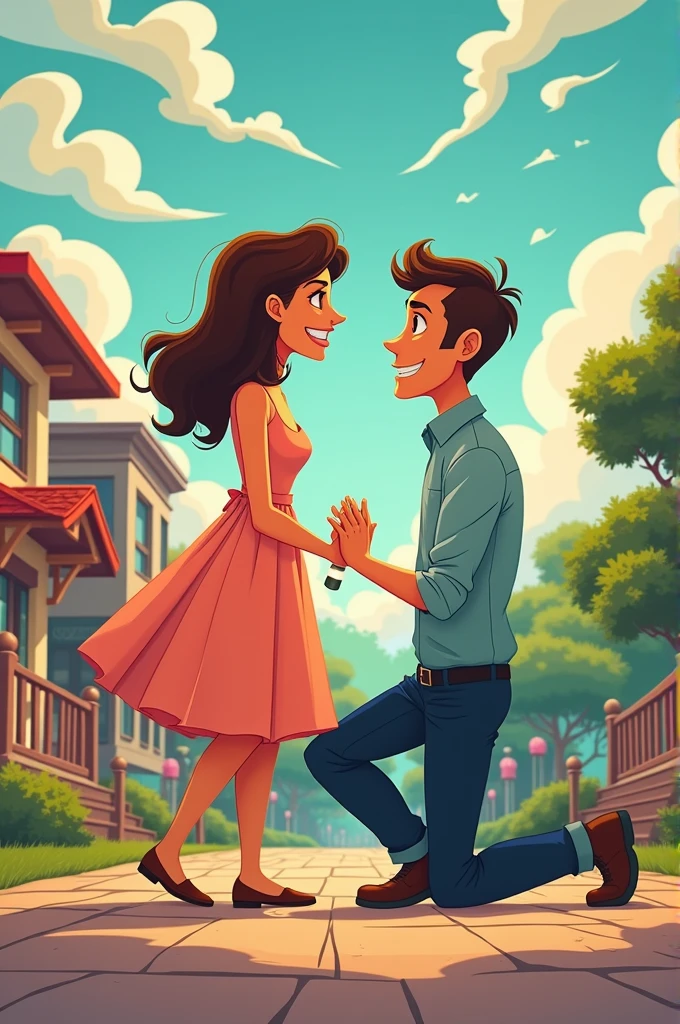 A man asking a woman to marry him, and his friend in the background with no facial expressions with a bullet in his hand (em tema Cartoon)