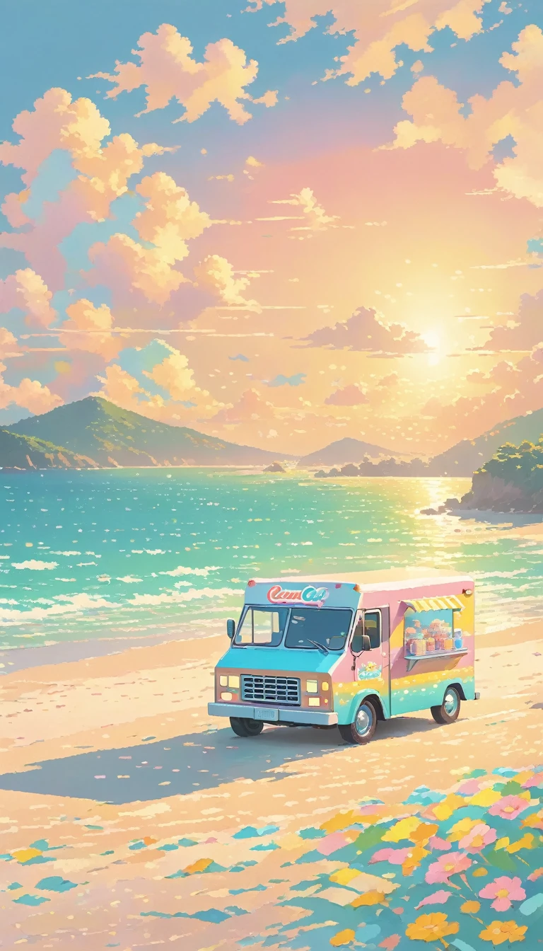 Sea, pixel ,pastel, No people,beach,Ice cream truck