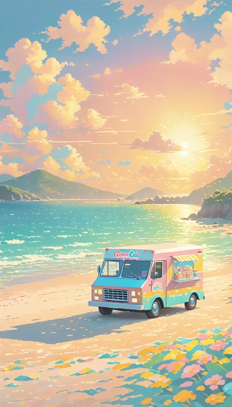Sea, pixel ,pastel, No people,beach,Ice cream truck