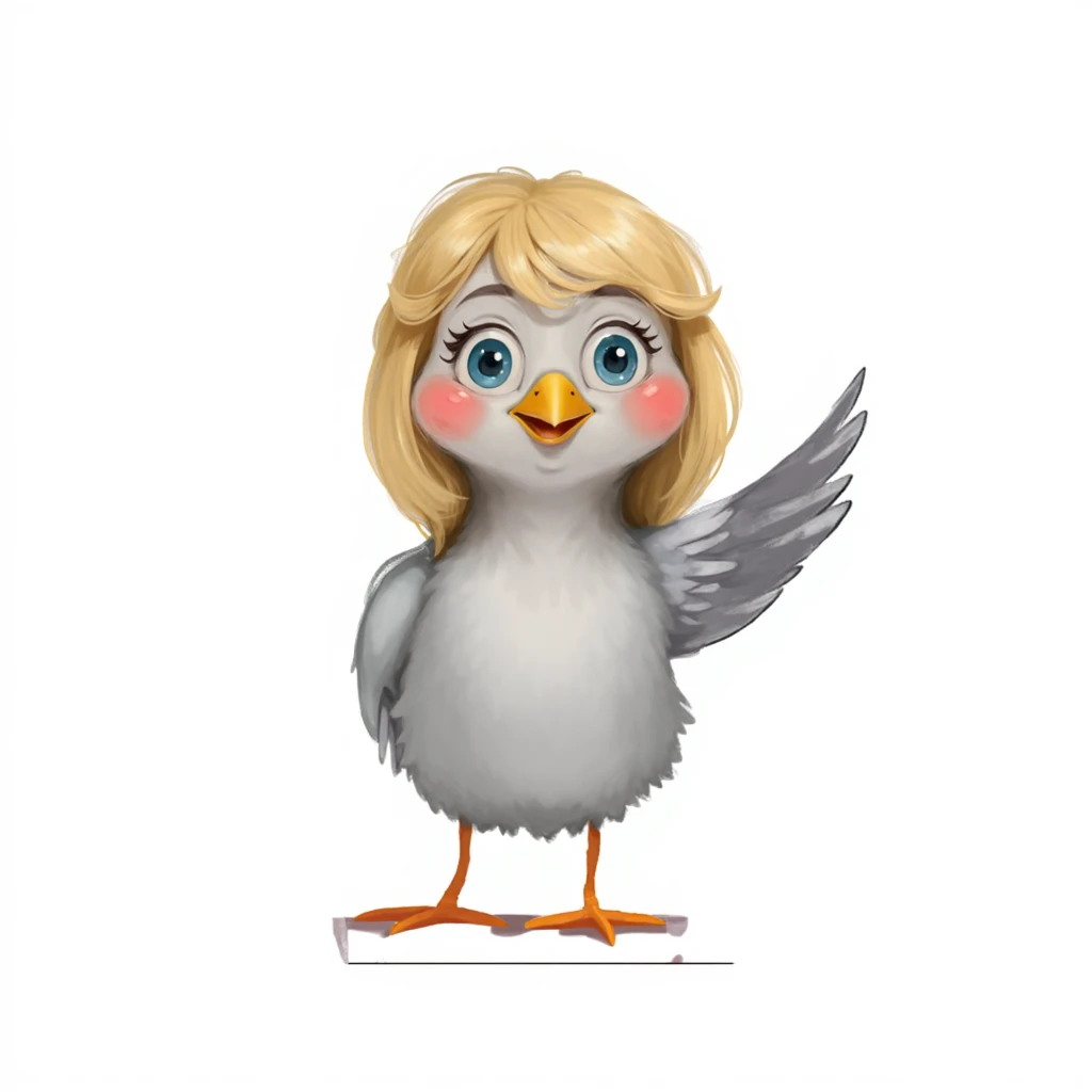 gray bird mom with yellow hair smiling, Red dress