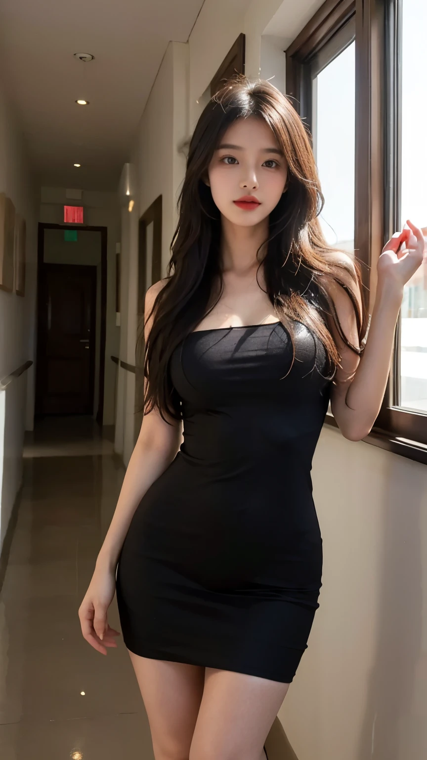 1 Girl,corridor,Soft Light,Chinese Beauty,Tight Fit,dress,Dark-haired,long hair,