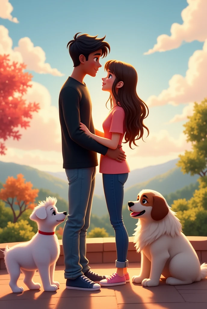 an animated image showing a tall young man, delgado, strong, moreno, black hair, dressed in jeans and a long-sleeved black shirt, to a young woman, long brown hair, short stature, slim, White skin, dressed in jeans and a pink shirt,sitting on a viewing platform accompanied by a white French poodle, small size, a medium-sized, long-haired, hairy Maltese cross dog and a large-sized white female dog with brown spots on her back and brown ears