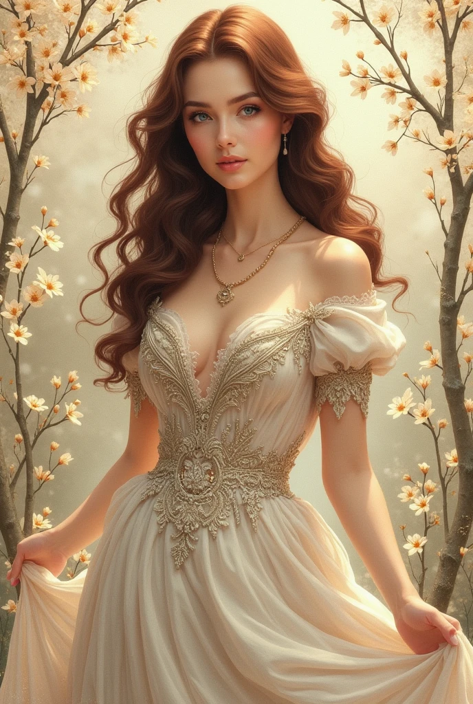 Oh you beautiful woman in a Elegant Dress mahogany brown hair, hyperdetailed gown, thank you for your beautiful pictures, spring scene, Surreal ink art on aged paper, teared_paper_art; amazing unique creation. Perfect composition. detailed. 8k resolution. 
