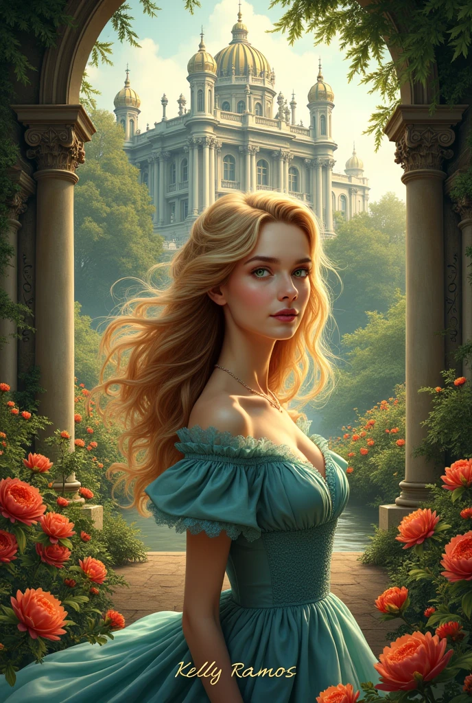 Make the cover for my book The Fate of Anne, put my name Kelly Ramos , make an image with flowers and a palace in the background, with vivid colors, the image is very realistic, the character has green eyes and blonde hair , wearing a dress from the year 1910, put the title in Brazilian Portuguese