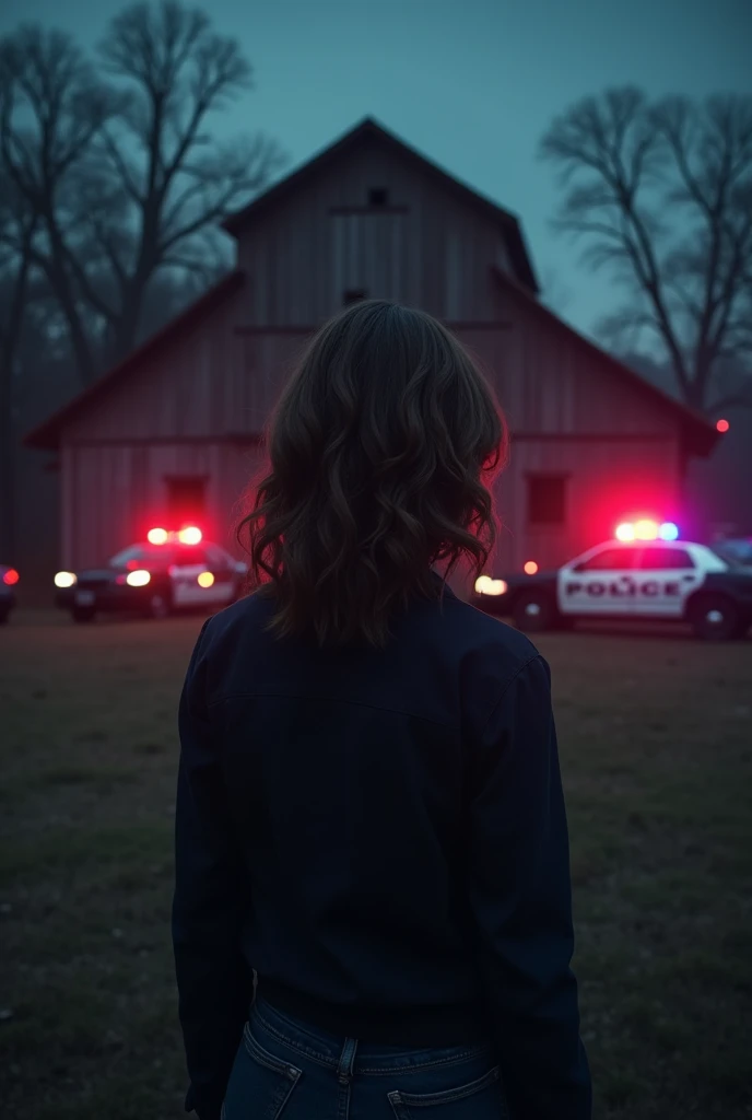 In the background, an abandoned barn and police vehicles, it's night. Back of a woman with brown, slightly wavy hair.