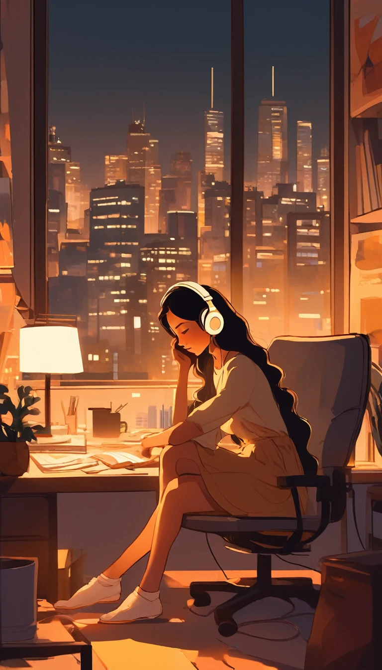 A young woman is sitting comfortably in a modern, cozy room with a cityscape visible through a large window at night. The main object of focus is the woman, who appears to be in her late teens or early twenties. She has long, wavy brown hair and is wearing a pair of large over-ear headphones. Her eyes are closed, and she has a serene, relaxed expression on her face as she listens to music. The woman is seated in a plush armchair, which is positioned to the right of a wooden desk. On the desk, there is a modern desktop computer, a ceramic coffee mug, and a small potted plant. A desk lamp with a warm, yellow glow is placed on the left side of the desk, casting a soft light over the scene. The light from the lamp is the primary light source, illuminating the woman and creating gentle shadows around her. In the background, the large window offers a stunning view of the city at night, with numerous skyscrapers and their illuminated windows creating a vibrant, urban atmosphere. The room itself is painted in neutral tones, with the walls adorned with minimalistic decor. The overall color scheme of the image features warm tones from the lamp and the cooler tones of the night cityscape, creating a balanced and visually appealing contrast. The perspective of the image is from a slight angle, allowing for a clear view of the woman, the desk, and the background cityscape. The size of the image is rectangular, with a wide aspect ratio that captures the breadth of the scene. The theme of the image is calm and relaxation, with an emphasis on the soothing environment and the woman's peaceful state.