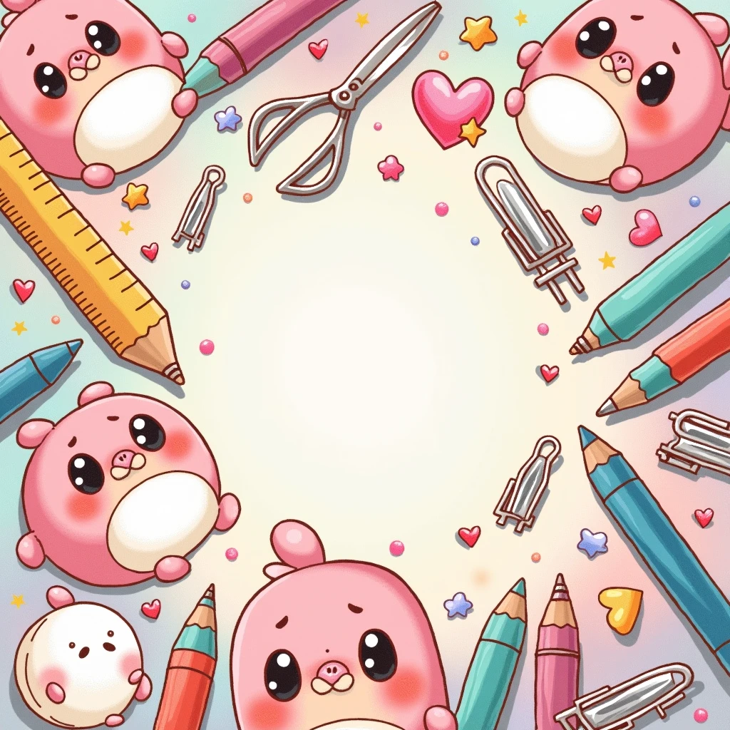 print with design concept for textile clothing, girly squishmallows drawing with school accessories (caneta, clips, scissoring , gumi, ruler, Compass,)
