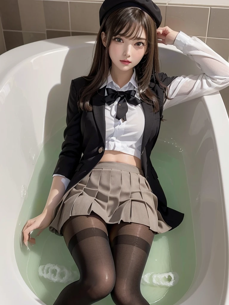 ((A high school girl lying in a bathtub,Bend your knees,arms up)),((hot spring、bathing)),(school uniform, blazer,Pleated skirt)、((Black Pantyhose:1.3)), (trucker hat), Highest quality, masterpiece:1.2,RAW Photos:1.3,Very detailed,Dynamic composition, (Detailed face,Beautiful Face,Perfect Face、Symmetrical Beautiful Face、Beautiful symmetrical eyes:1.2,With eyes wide open,Horizontal eyes,Thin eyebrows, Long Hair:1.2、Brown Hai,Asymmetrical bangs)、(Lying in the bathtub),A bathtub filled with lots of hot water