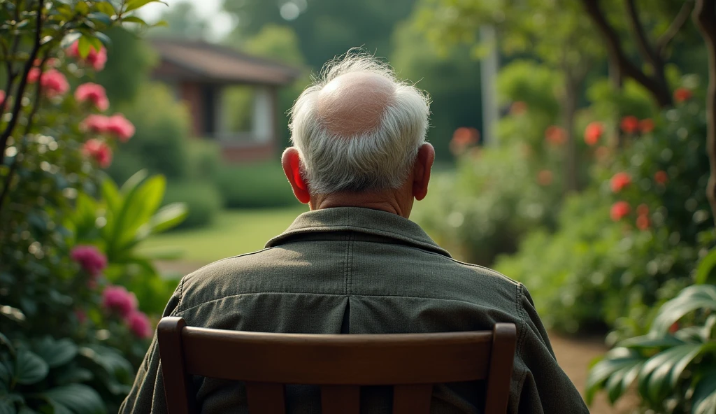 In the style of real movies,Stubborn old man sitting on a chair in the garden,With your back to the camera