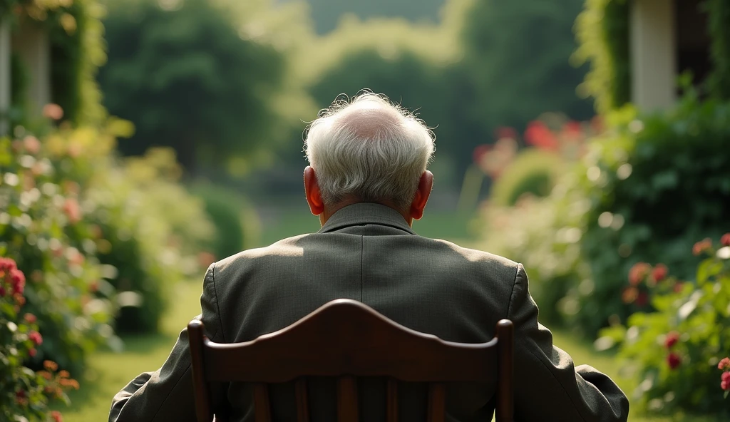 In the style of real movies,Stubborn old man sitting on a chair in the garden,With your back to the camera