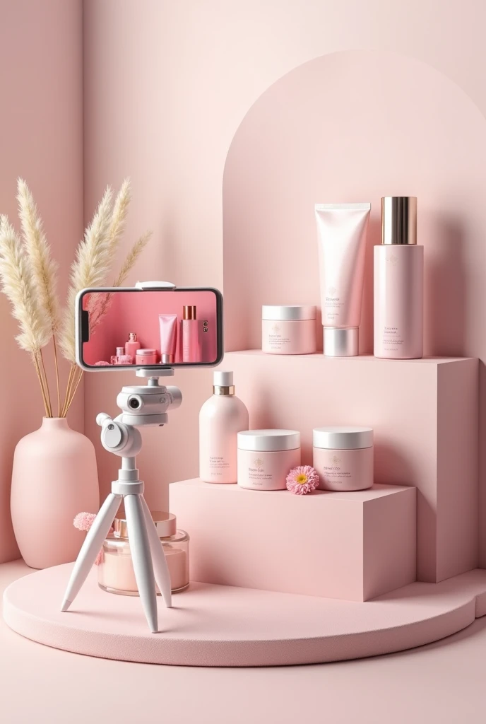 An image showing a shelf full of Skincare hair makeup jars, where there is a tripod on the phone that shows my name well and that has a rate that says content creator and that is in a color theme, rosita, pastels and white