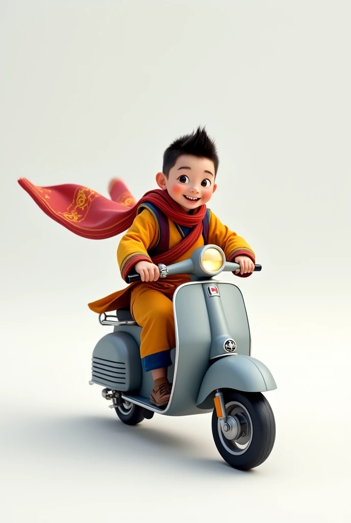 A young boy riding a grey scooter in Tibetan modern dress in while background