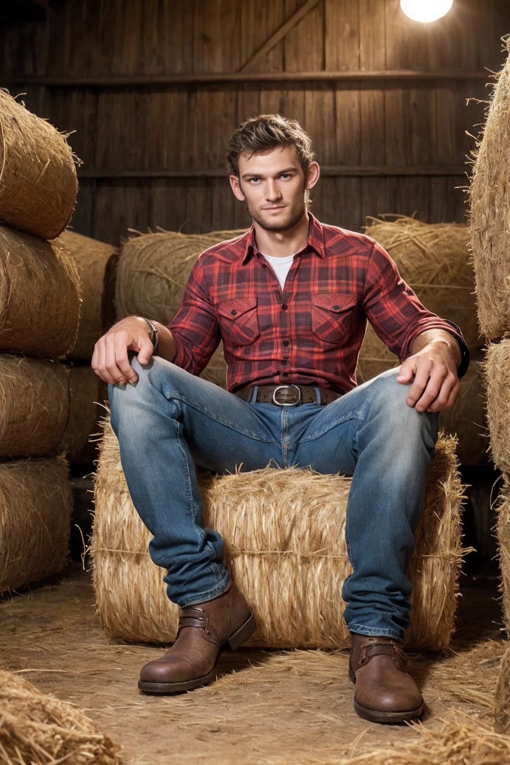 (inside of barn), toned Alex Pettyfer, ((sitting on bales of hay)), legs spread open, slight smile, sexycowboy, (red plaid shirt), denim blue jeans, belt, (shiny belt buckle), blue eyes, short brown hair, masterpiece, (((full body portrait))), ((full body)), wide angle, (looking at viewer), highly detailed, (high skin detail), (high face detail), photorealistic, RAW photo, soft lighting, high quality 141083357