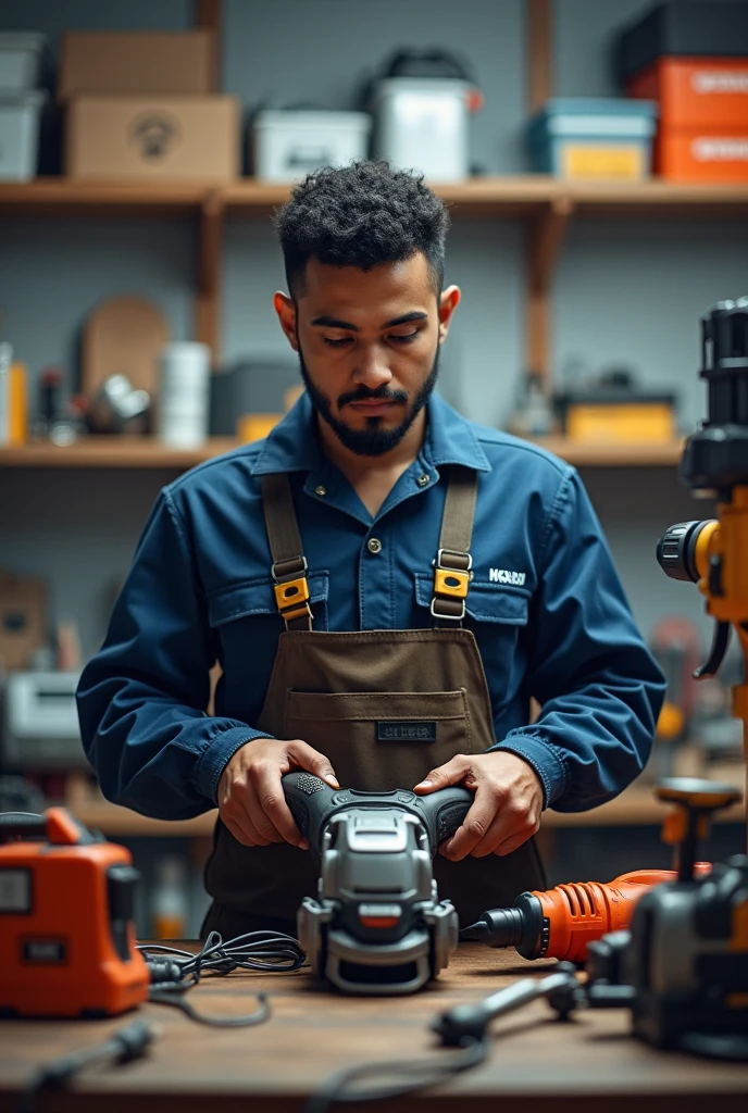 A young muslim  Electrician man with professional power tools in the service center which is the name of KRS Electrical