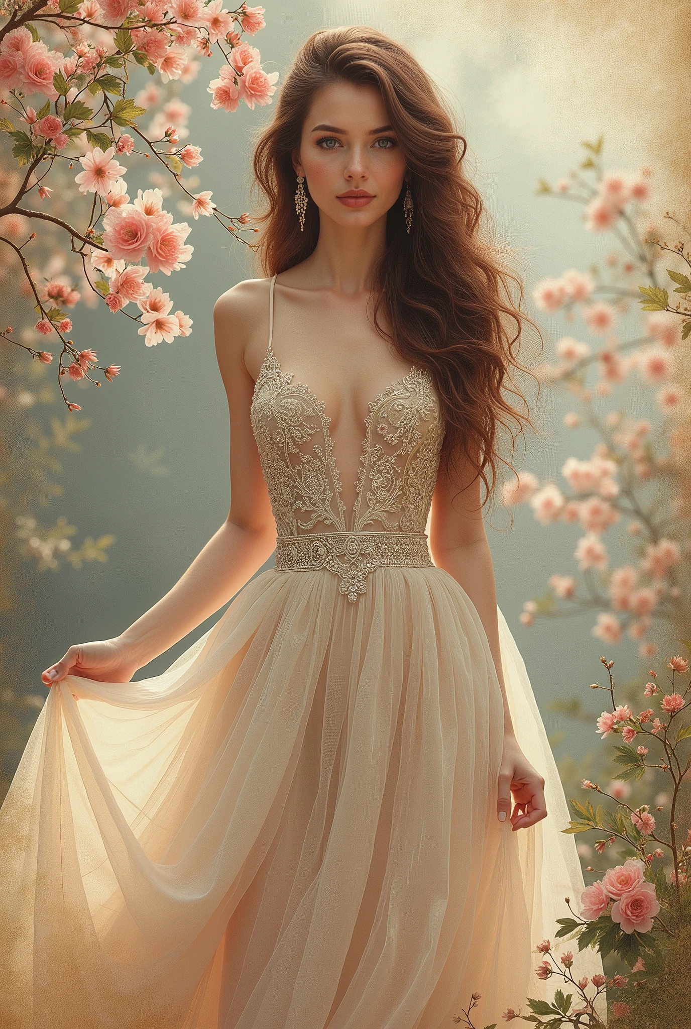 Oh you beautiful woman in a Elegant Dress mahogany brown hair, hyperdetailed gown, thank you for your beautiful pictures, spring scene, Surreal ink art on aged paper, teared_paper_art; amazing unique creation. Perfect composition. detailed. 8k resolution.