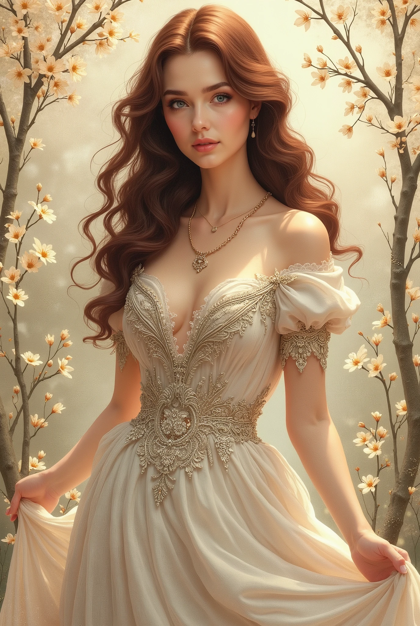 Oh you beautiful woman in a Elegant Dress mahogany brown hair, hyperdetailed gown, thank you for your beautiful pictures, spring scene, Surreal ink art on aged paper, teared_paper_art; amazing unique creation. Perfect composition. detailed. 8k resolution. 