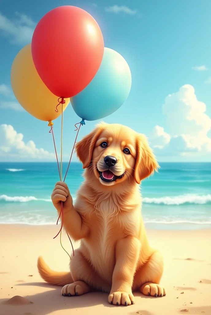 I want you to make me a golden retriever puppy with a balloon, that is on the beach