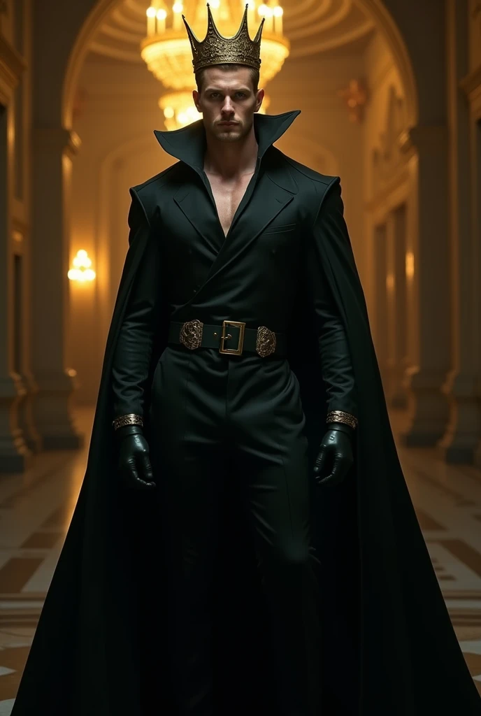 A distant image, at night, an extremely handsome man, golden hair, very masculine, very handsome, big and fit, green eyes, dressed in black all covered with the cape, with black gloves on his hands, with a black cape, a gold crown, at night, in the background a golden room with black, very dimly lit