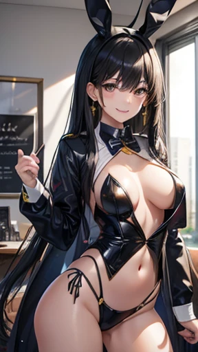 Honor student,Beautiful black hair,long hair,(Straight Hair),high school girl,(boyish),Dark Eyes,(Muscular),(tall),(Slim body),((A confident smile)),Medium Bust,Gold earrings,latex,(Bunny girl)School