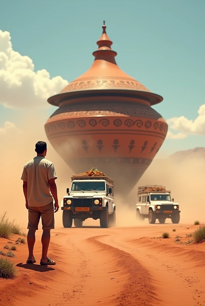 A man wearing a summer shirt and summer shorts looks from a distance at a convoy of four-wheel drive vehicles pulling a giant rope, a very giant tagine and delicious Moroccan dishes, real life