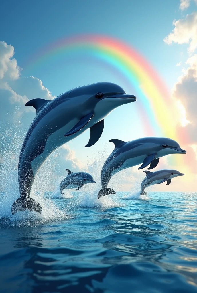 Hello, Can you create me an image of some dolphins jumping over the sea?, With a rainbow in the background 